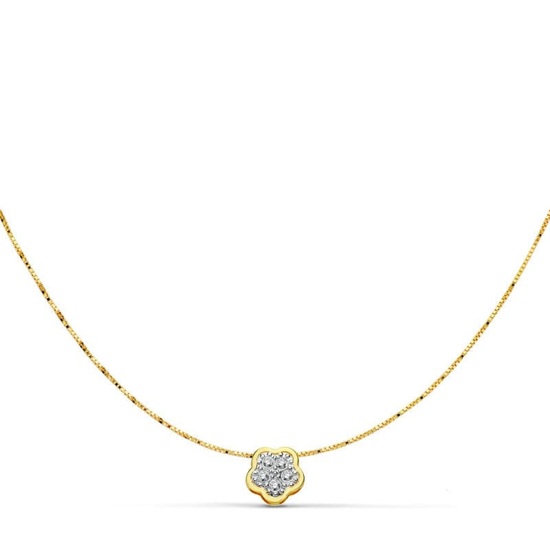 18K COLGANTE AMULETO  FLOR 5X5 MM ORO BICOLOR CADENA 42CM
