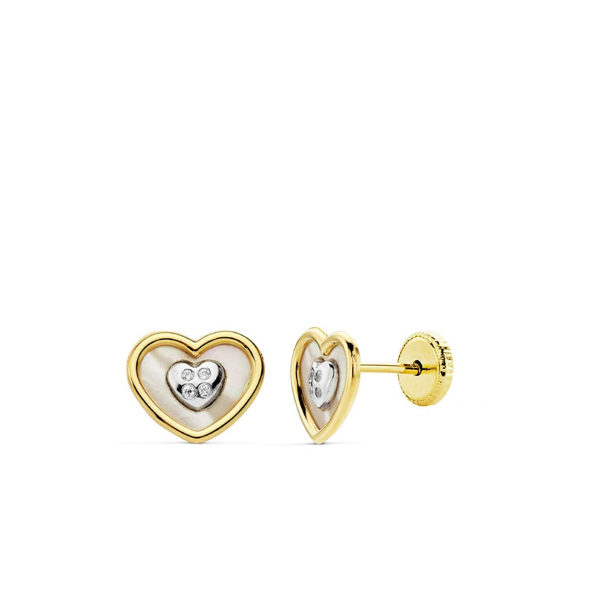 18K PENDIENTES ORO BICOLOR CORAZON NACAR CIERRE TUERCA