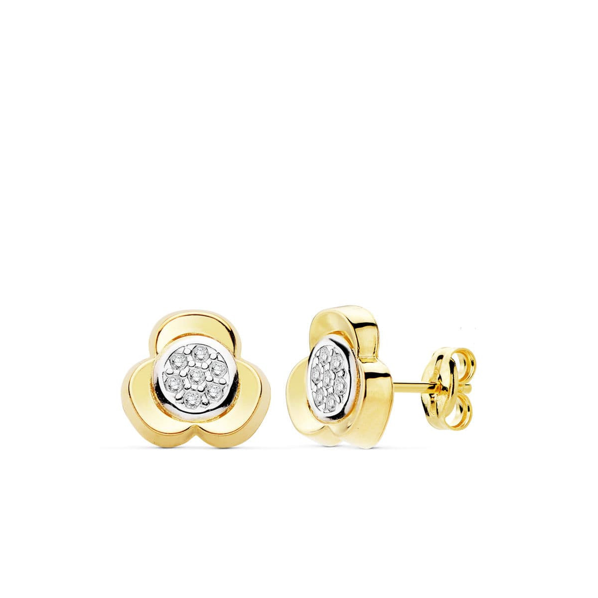 18K PENDIENTES ORO BICOLOR TREBOL CIRCONITA 10M CIERRE PRESION