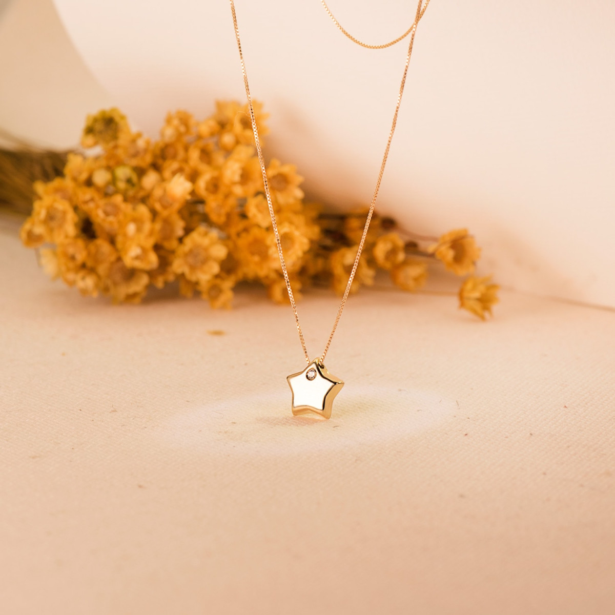 18K COLGANTE ESTRELLA CIRCONITA CADENA ORO AMARILLO 42CM