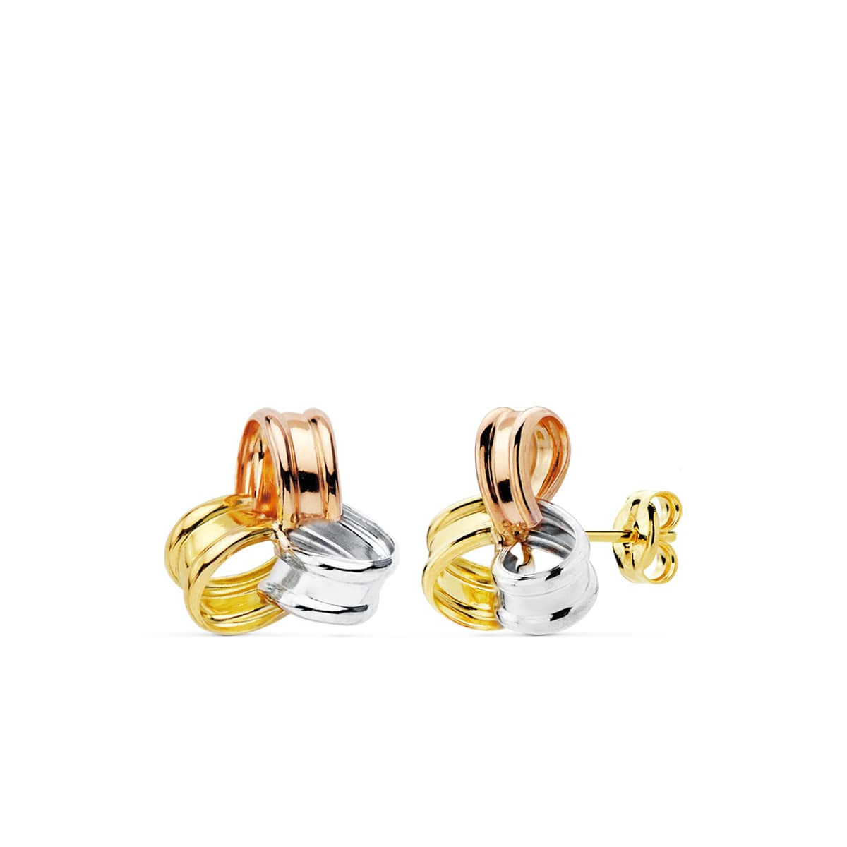 18K PENDIENTES TRICOLOR TREBOL. 13X11 MM CIERRE PRESION