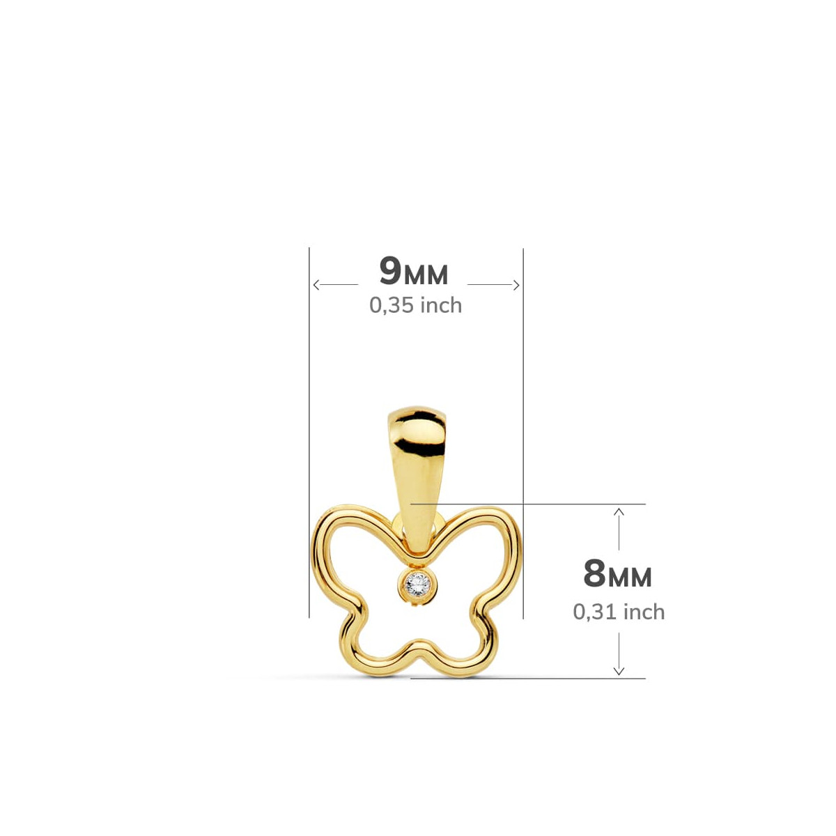 18K COLGANTE ORO AMARILLO AMULETO MINI MARIPOSA CIRCONITA 9 X 8 MM