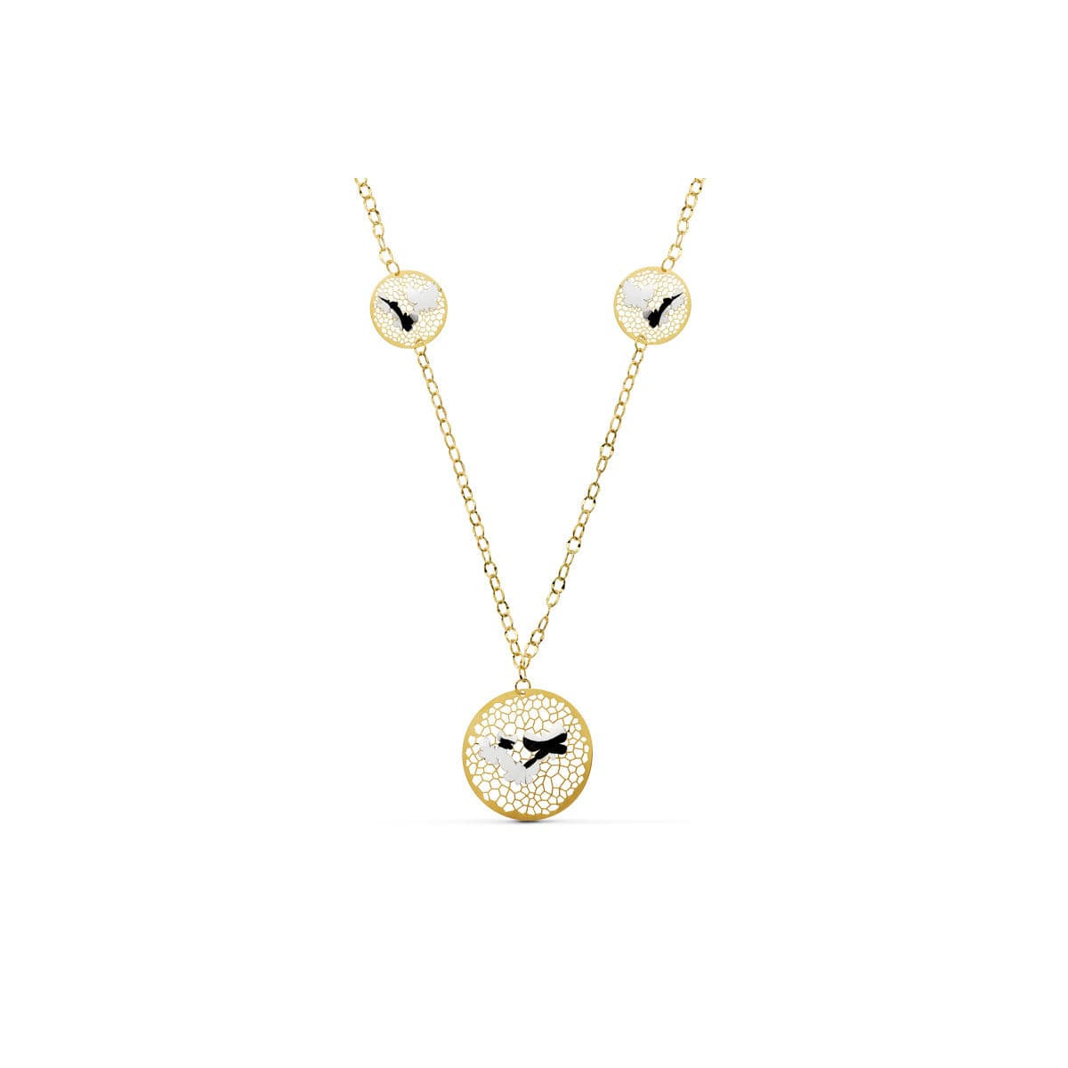 18K GARGANTILLA ORO BICOLOR COLGANTE REDONDO CON MARIPOSAS 47 CM