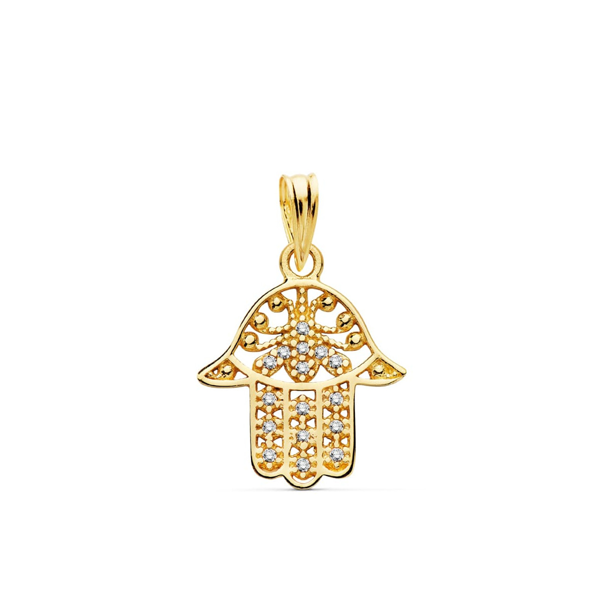 18K COLGANTE AMULETO ORO AMARILLO MANO DE FATIMA 15X14 MM