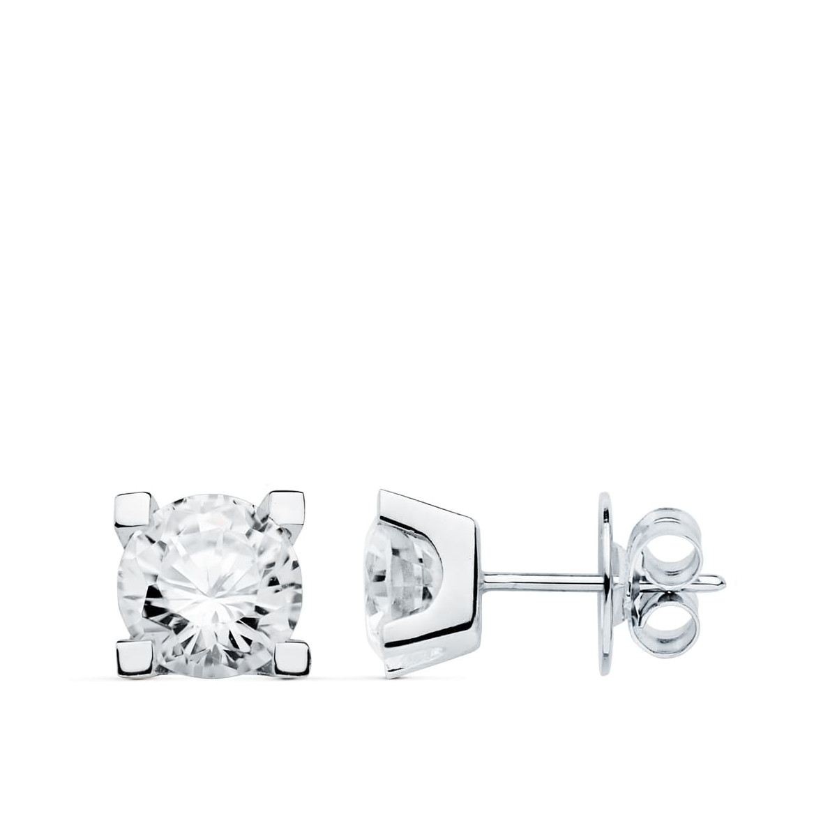 18K PENDIENTES ORO BLANCO 4 GARRAS CIRCONITA 7X7 CIERRE PRESION