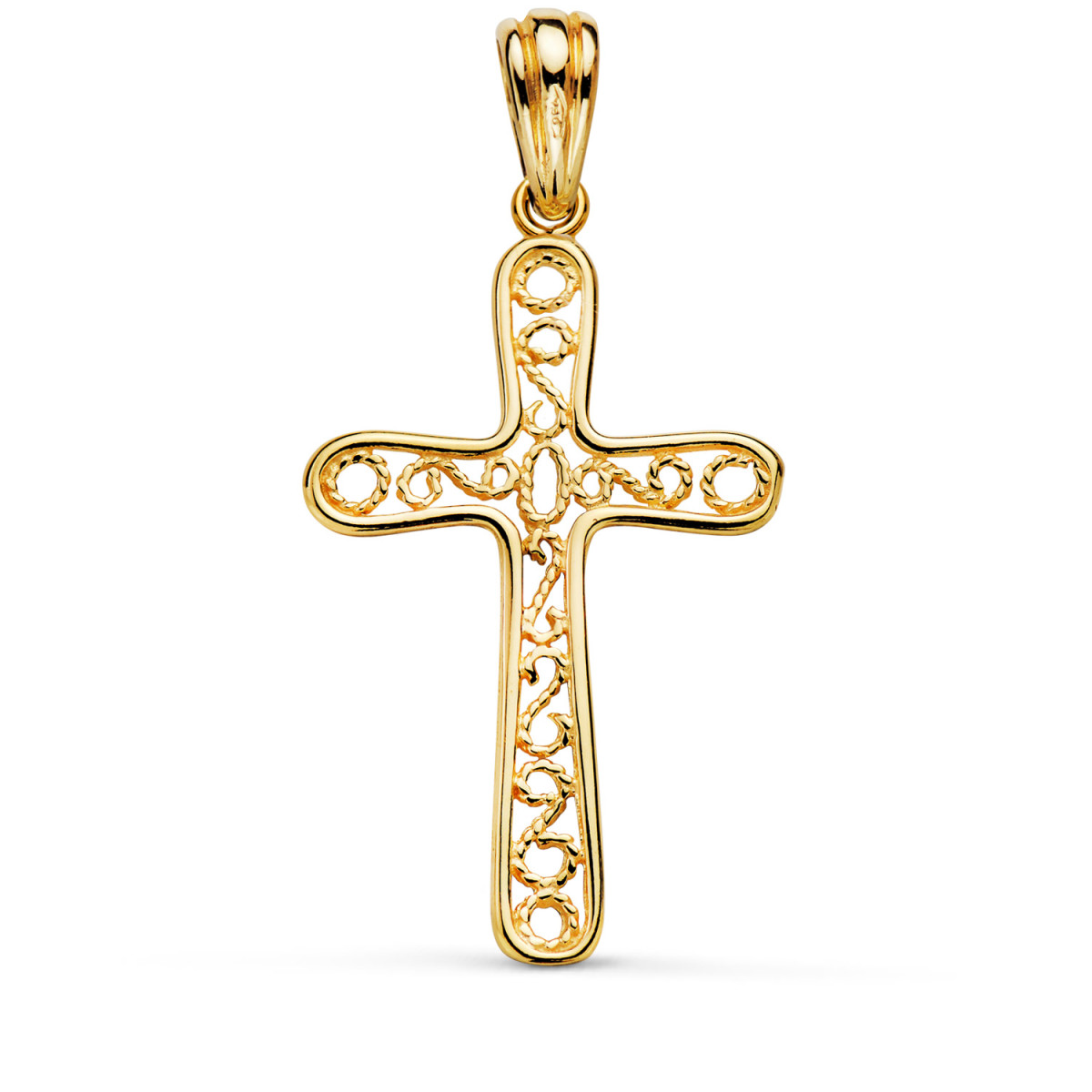 18K CRUZ ORO AMARILLO BORDE BRILLO Y FILIGRANA. MEDIDA: 37,5 X 22 MM