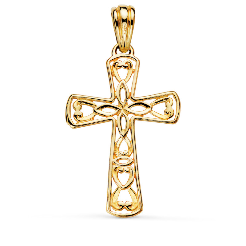 18K CRUZ ORO AMARILLO DETALLES FILIGRANA EN BRILLO. MEDIDA: 35 X 23 MM