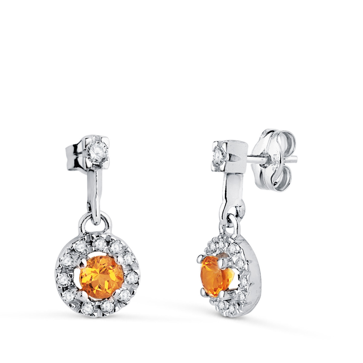 18K PENDIENTES ORO BLANCO DOS CUERPOS CON CIRCONITAS Y CITRINO. 14,5 X 7 MM. CIERRE PRESION