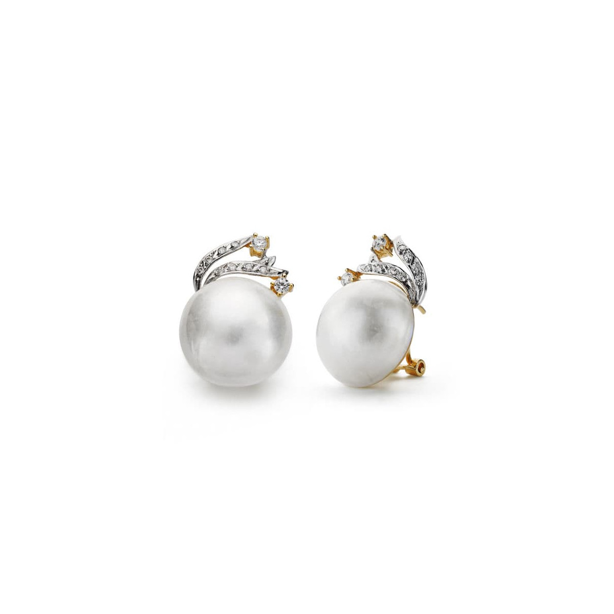 18K PENDIENTES ORO BICOLOR PERLA JAPONESA 15 MM RAMA CIERRE OMEGA