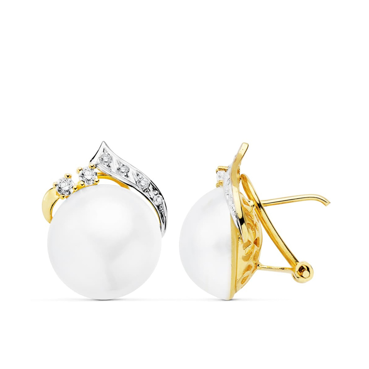 18K PENDIENTES BICOLOR PERLA JAPONESAS 14 MM CIERRE OMEGA