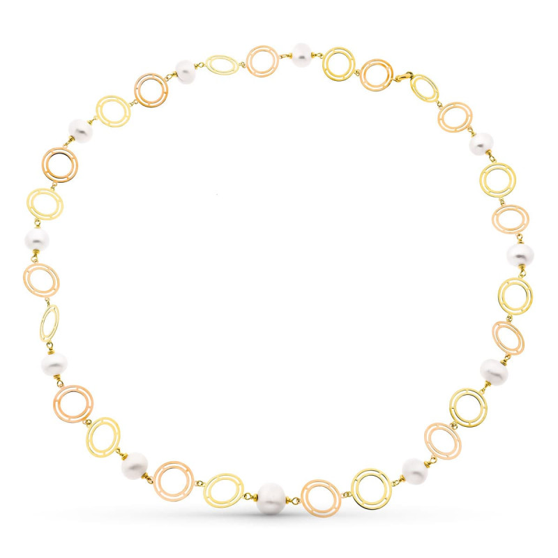 18K GARGANTILLA ORO BICOLOR AMARILLO Y ROSA PERLA CULTIVADAS 14 MM LARGO 85 CM