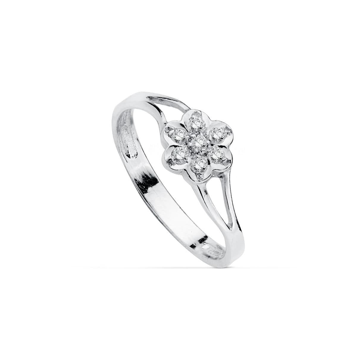 18K SORTIJA ORO BLANCO FLOR Y CIRCONITAS. ANCHO: 6,5 MM