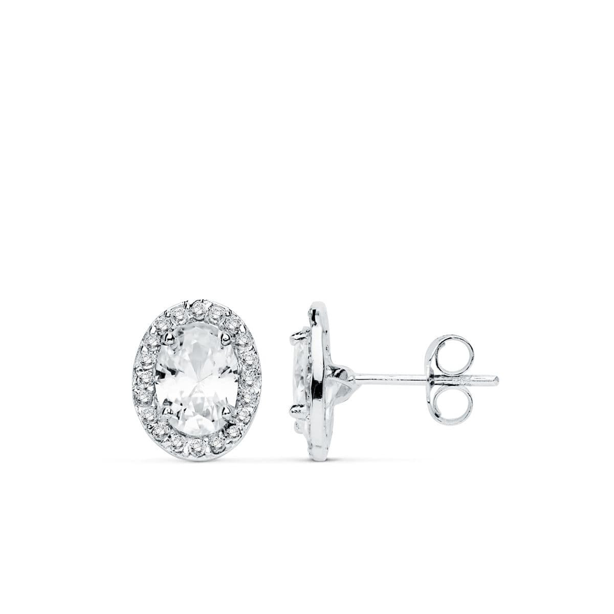 18K PENDIENTES ORO BLANCO OVAL CIRCONITA 10X8 MM CIERRE PRESION