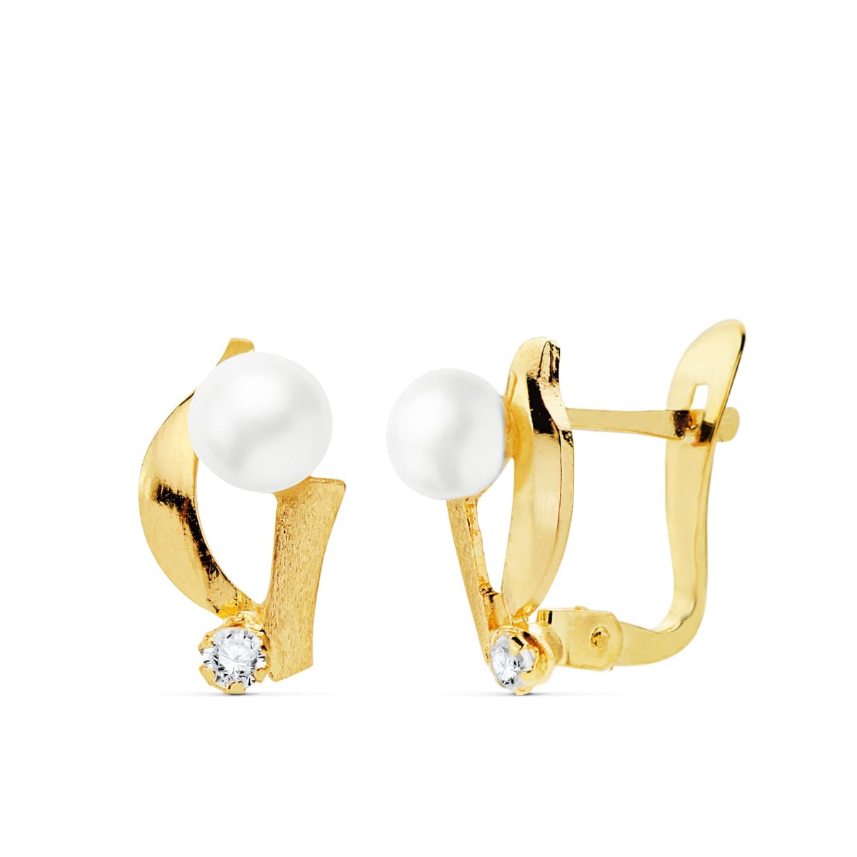 18K PENDIENTES ORO AMARILLO OCIRCONITA 11X7 MM PERLAS 4 MM CIERRE CATALAN