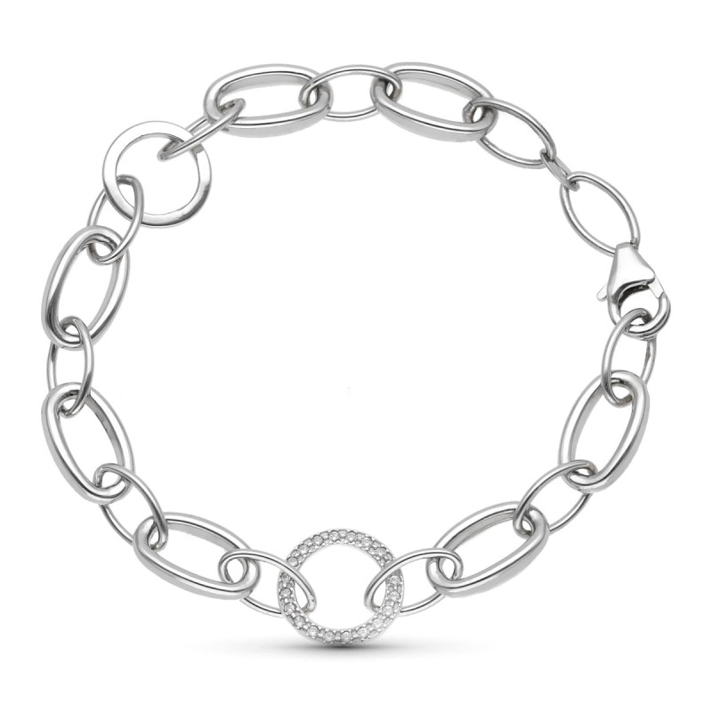 18K PULSERA ORO BLANCO ESLABON OVAL Y CIRCULAR CON CIRCONITA 18.5 CM