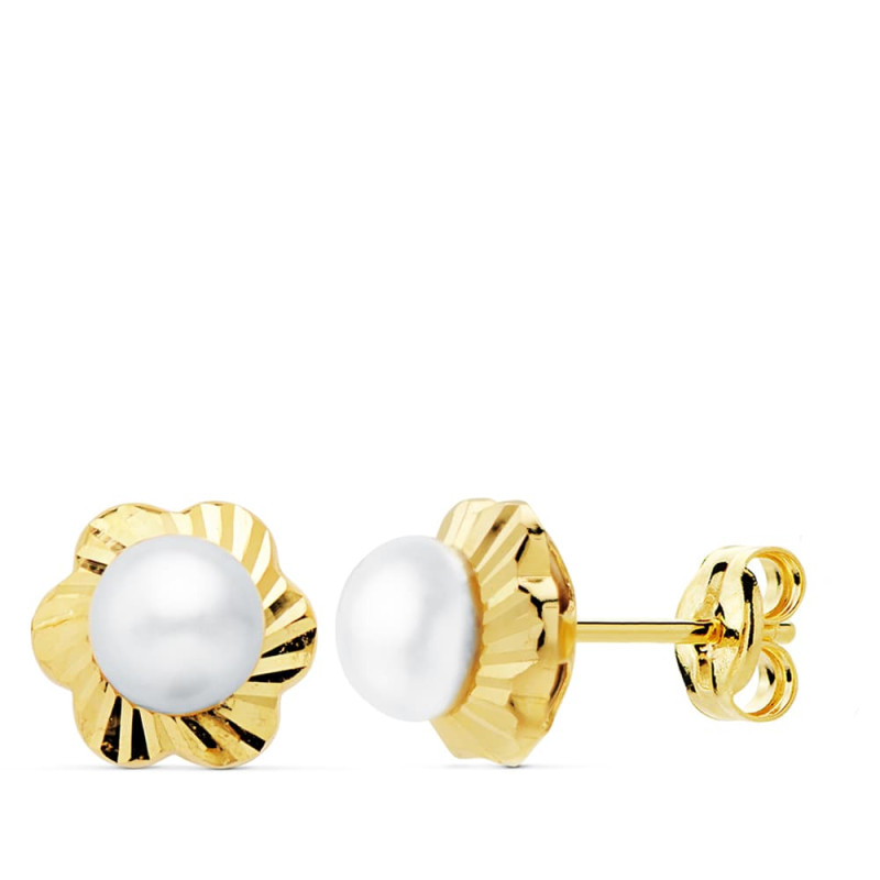 18K PENDIENTES ORO AMARILLO FLOR TALLADA 7 MM PERLA 4 MM PRESION