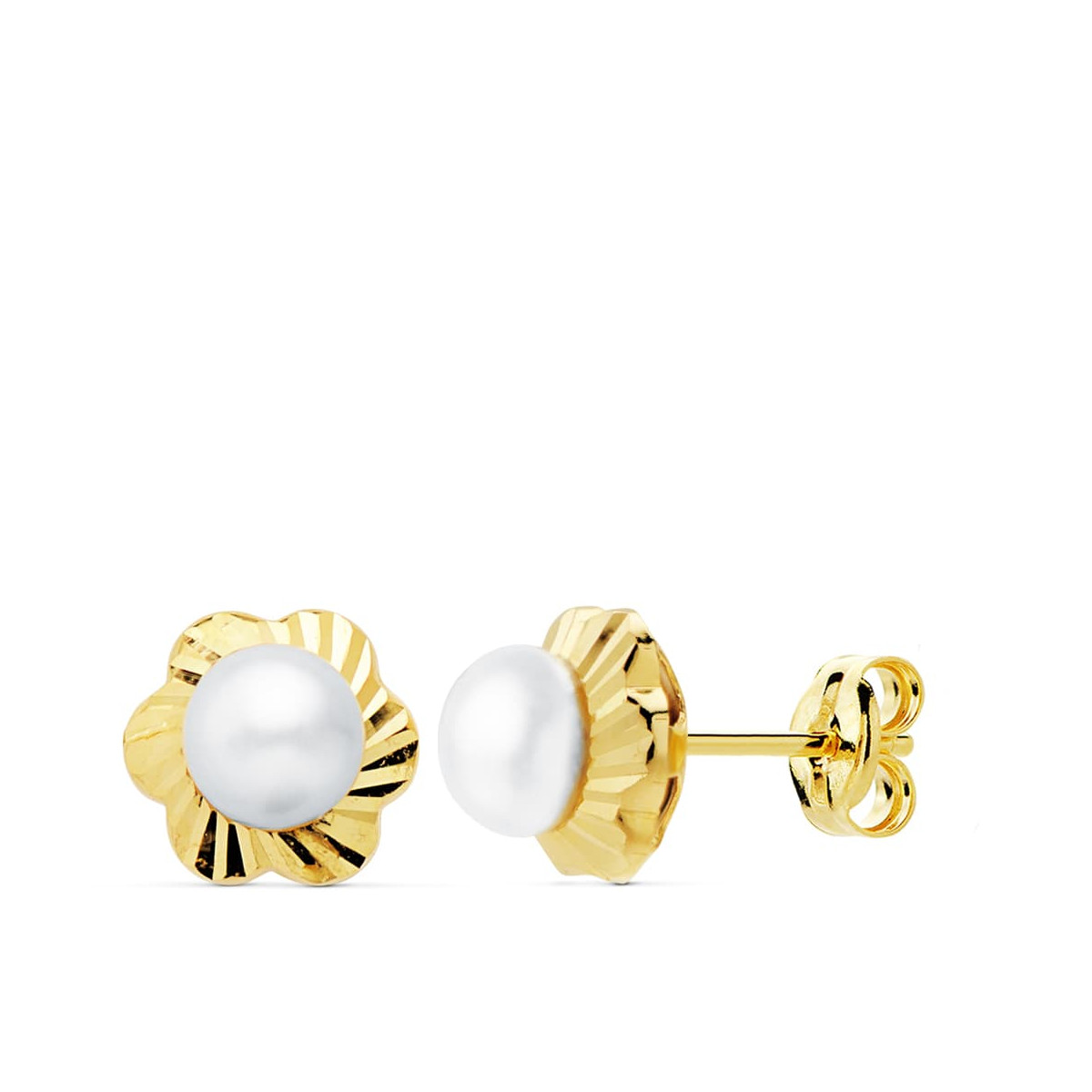 18K PENDIENTES ORO AMARILLO FLOR TALLADA 7 MM PERLA 4 MM PRESION