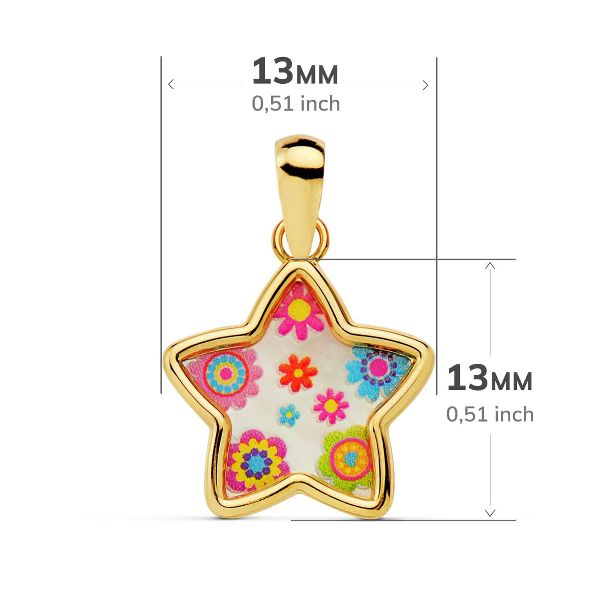 18K COLGANTE ORO AMARILLO AMULETO ESTRELLA NACAR COLORES. 13X13 MM