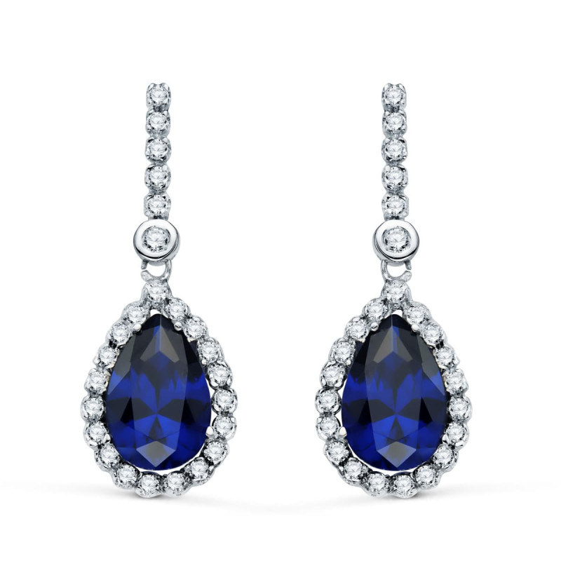 18K PENDIENTES ORO BLANCO DOS CUERPOS CON PIEDRA AZUL 12 X 8MM. 33X12MM CIERRE PRESION
