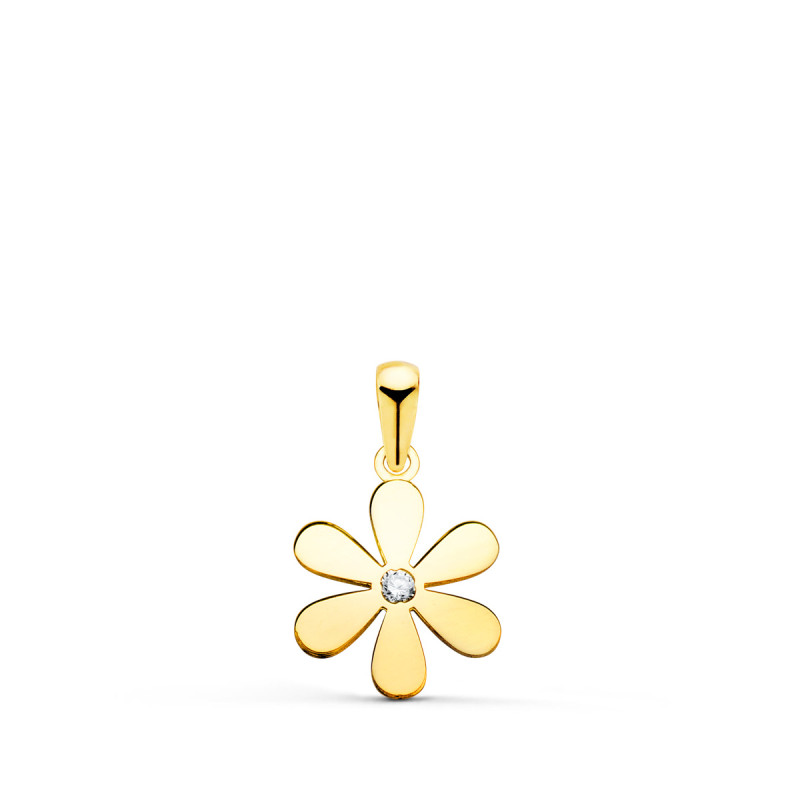 18K COLGANTE AMULETO ORO AMARILLO FLOR 6 PETALOS EN BRILLO CON CIRCONITA 14X11 MM