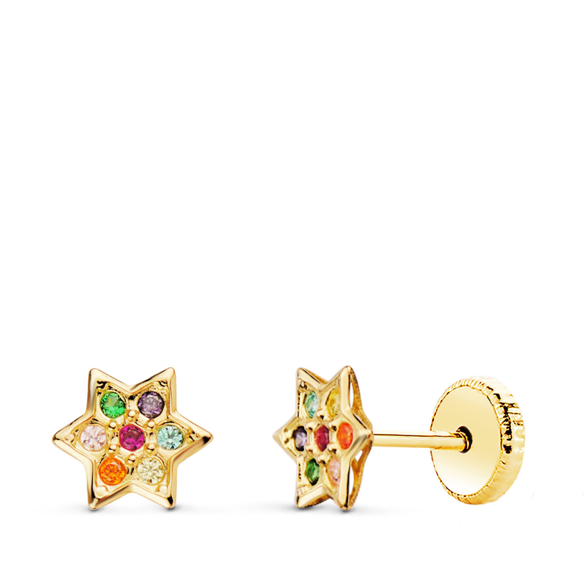 18K PENDIENTES ORO AMARILLO ESTRELLA CON CIRCONITA COLORES 6X6 MM CIERRE TUERCA