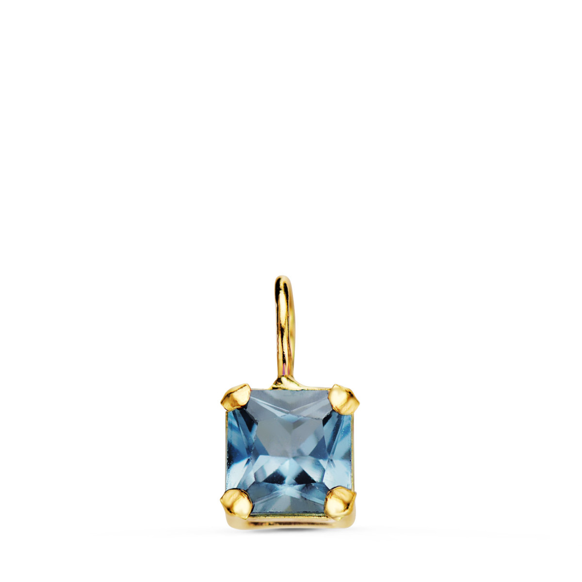 18K COLGANTE ORO AMARILLO CUADRADO CON GARRAS Y PIEDRA COLOR AGUAMARINA 5,5 X 5,5 MM.