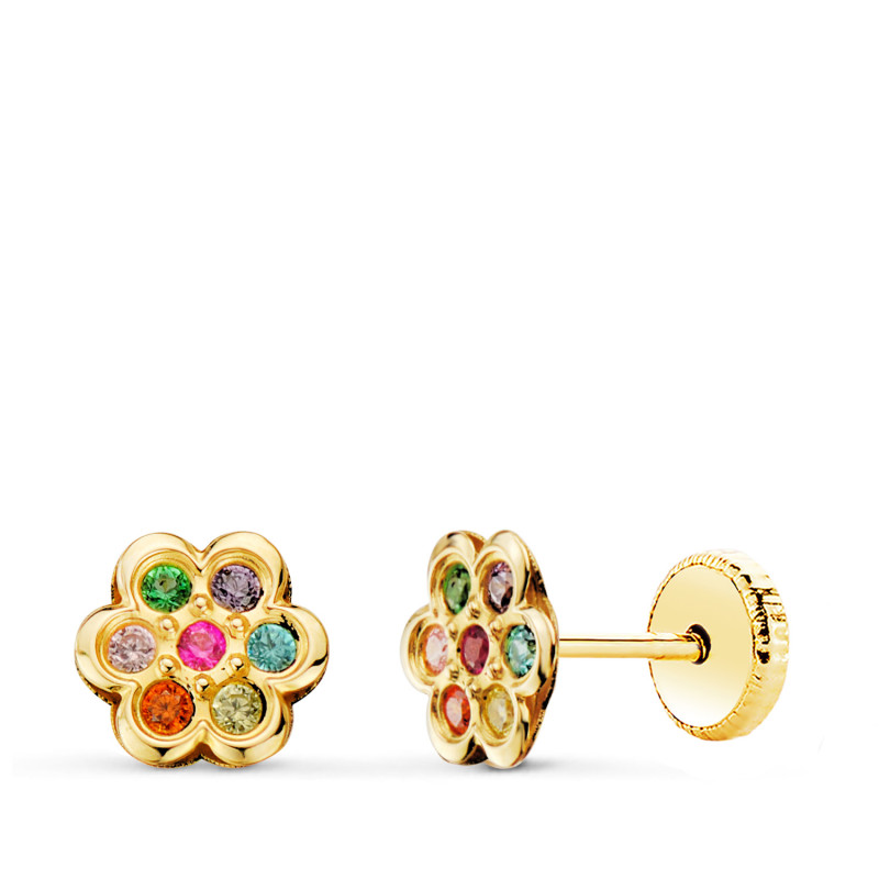 18K PENDIENTES ORO AMARILLO FLOR CON CIRCONITA COLORES 6X6 MM CIERRE TUERCA