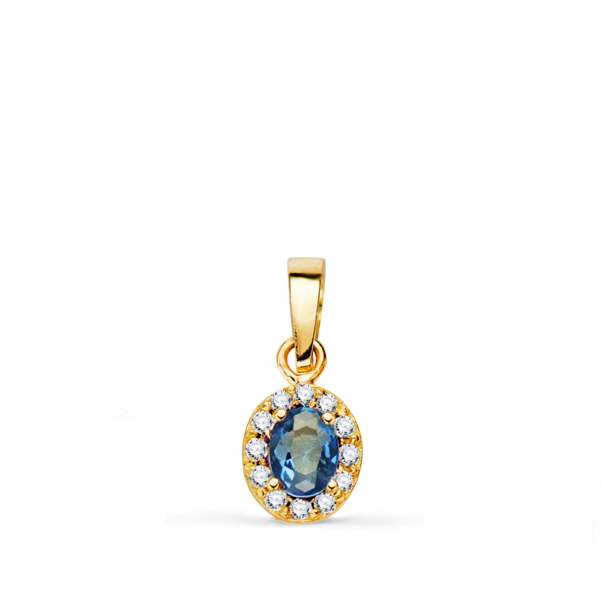 18K COLGANTE ORO AMARILLO PIEDRA OVAL AZUL Y CIRCONITAS. 6,5 X 5,5 MM.