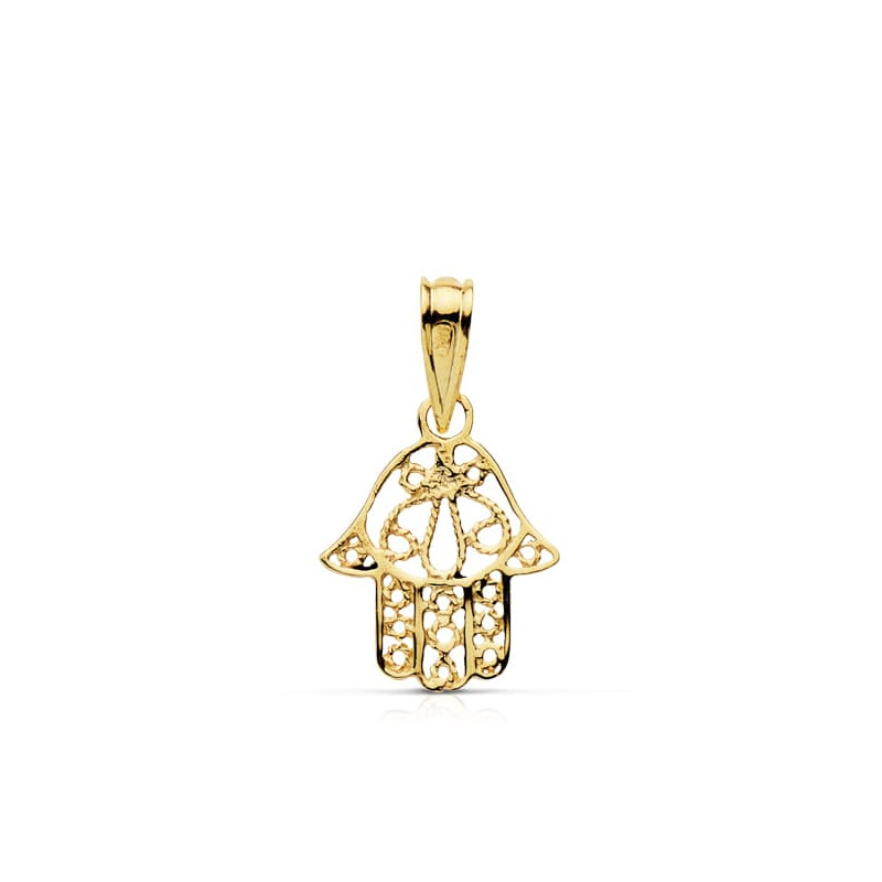 18K COLGANTE AMULETO ORO AMARILLO MANO DE FATIMA 14X11 MM