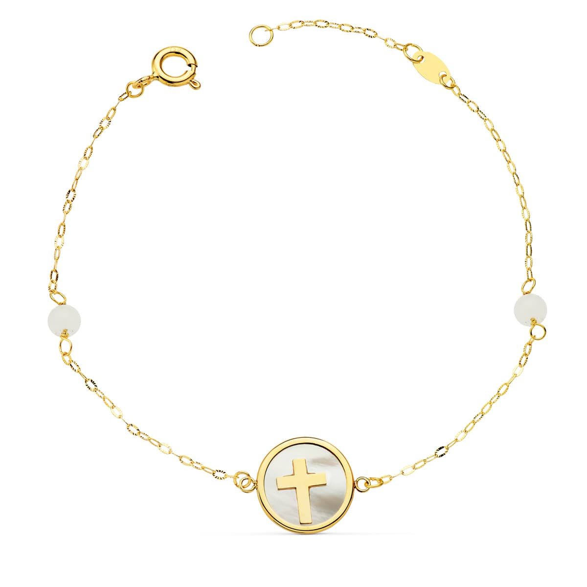 18K PULSERA ORO AMARILLO NACAR CON CRUZ 12 MM Y BOLAS JADE 4 MM CADENA 18   2.5 CM