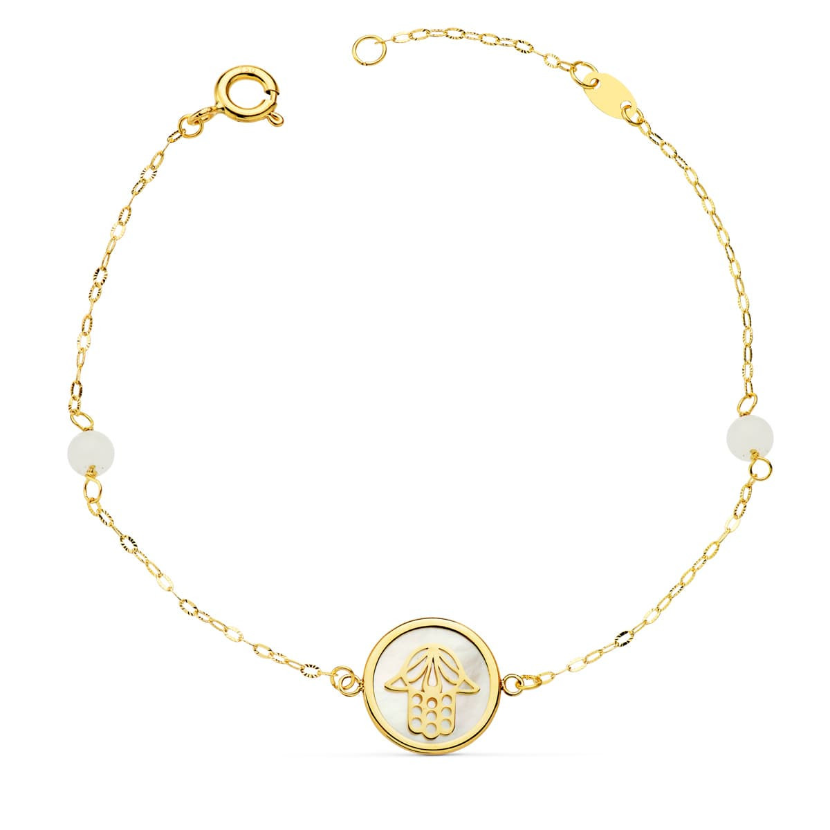 18K PULSERA ORO AMARILLO NACAR CON MANO DE FATIMA 12 MM Y BOLAS JADE 4 MM CADENA 18   2.5 CM