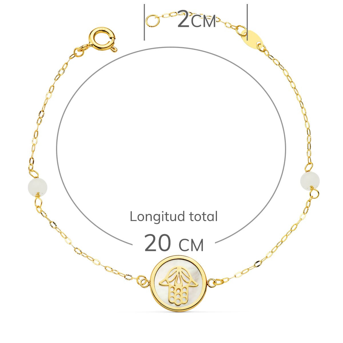 18K PULSERA ORO AMARILLO NACAR CON MANO DE FATIMA 12 MM Y BOLAS JADE 4 MM CADENA 18   2.5 CM