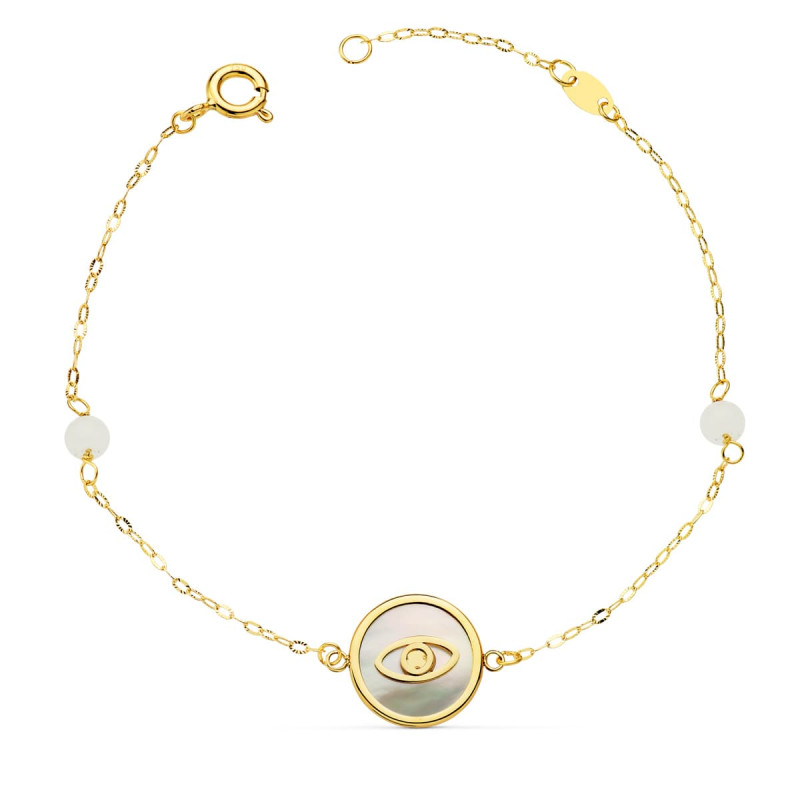 18K PULSERA ORO AMARILLO NACAR CON AMULETO OJO TURCO 12 MM Y BOLAS JADE 4 MM CADENA 18   2.5 CM