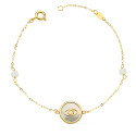 18K PULSERA ORO AMARILLO NACAR CON AMULETO OJO TURCO 12 MM Y BOLAS JADE 4 MM CADENA 18   2.5 CM