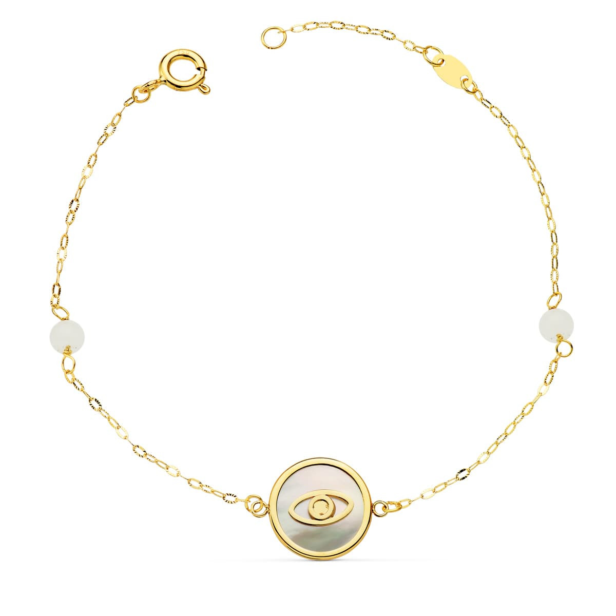 18K PULSERA ORO AMARILLO NACAR CON AMULETO OJO TURCO 12 MM Y BOLAS JADE 4 MM CADENA 18   2.5 CM