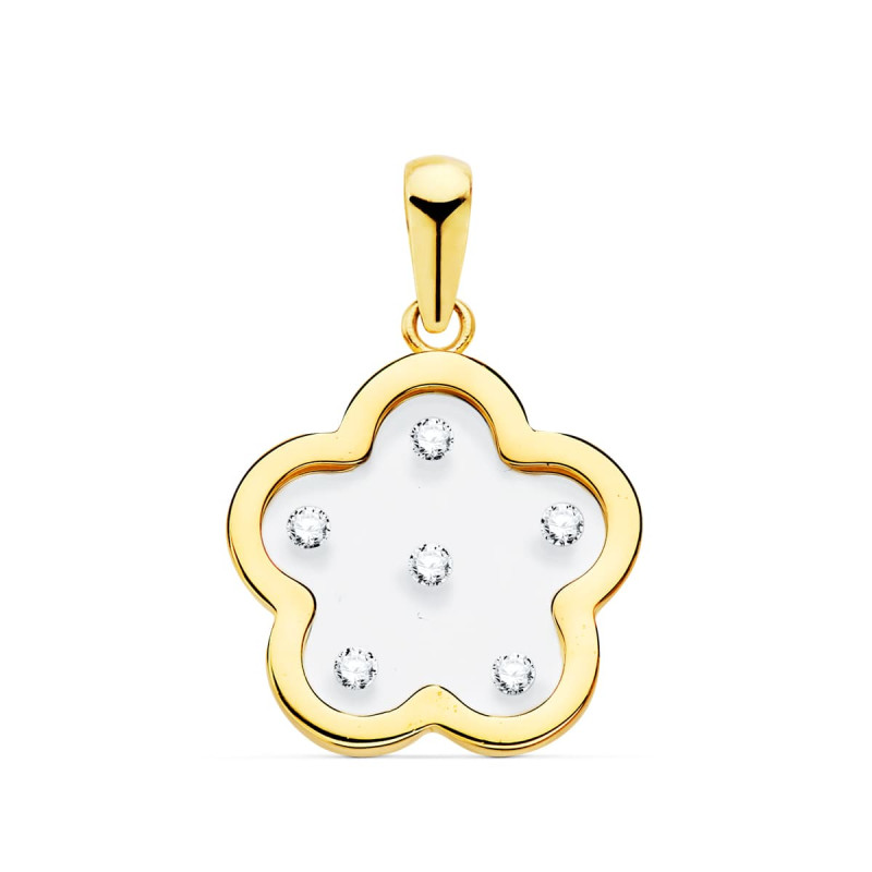 18K COLGANTE AMULETO ORO AMARILLO FLOR AIRSHINE TRANSPARENTE CON CIRCONITA 14X14 MM