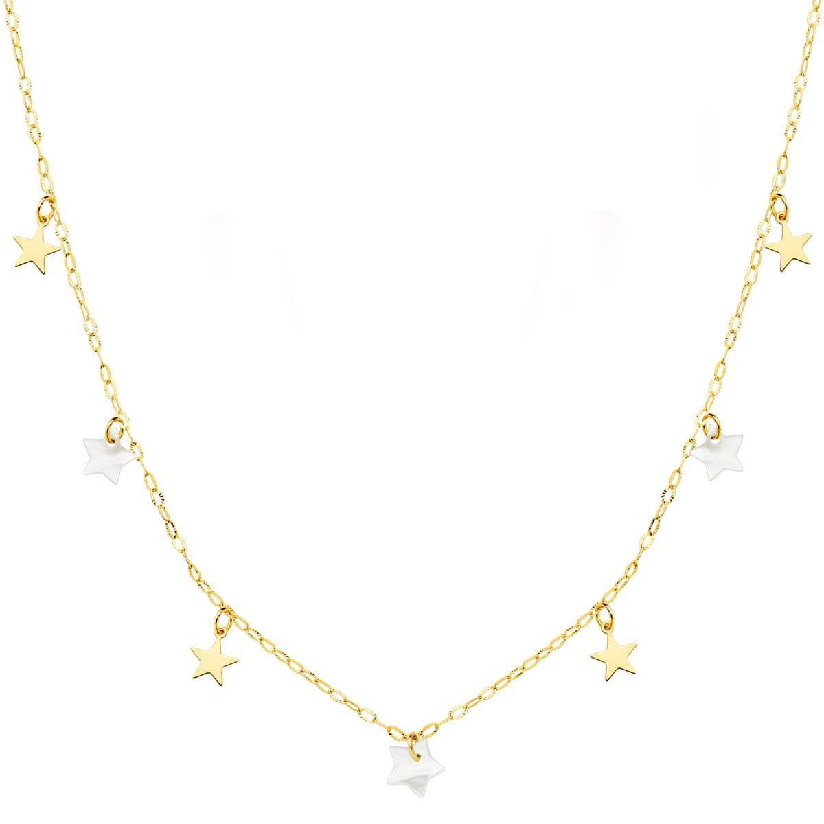18K GARGANTILLA ORO AMARILLO ESTRELLAS LISAS Y NACAR 5.5 MM CADENA FORZADA 45CM