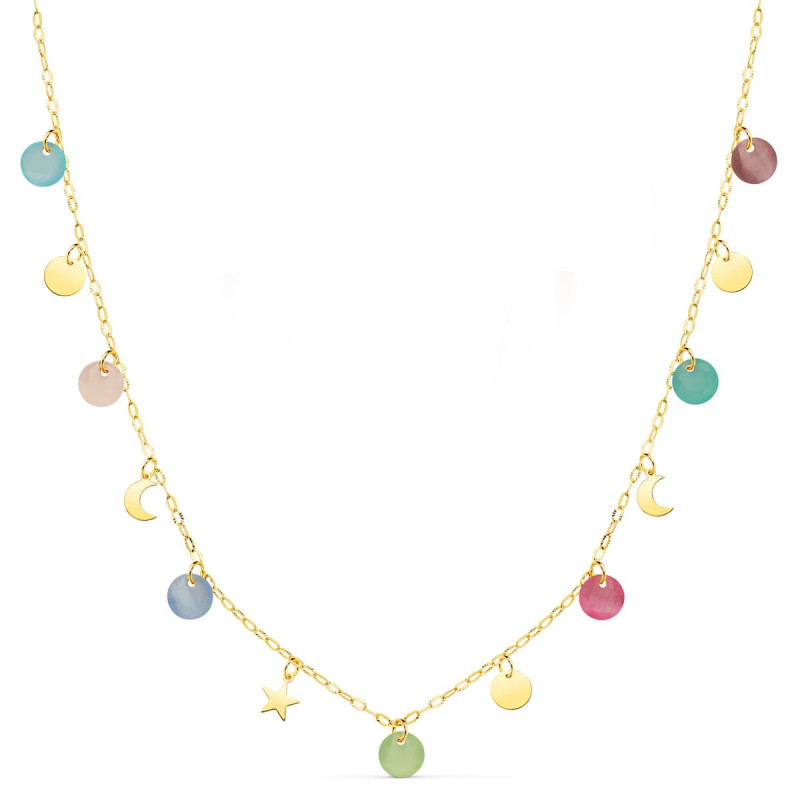 18K GARGANTILLA AMARILLO PLACA CHAPAS FORMAS 5 MM Y PIEDRAS 5 MM CADENA FORZADA 45CM