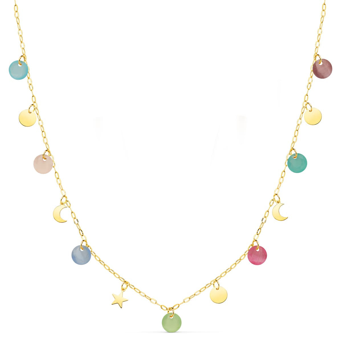 18K GARGANTILLA AMARILLO PLACA CHAPAS FORMAS 5 MM Y PIEDRAS 5 MM CADENA FORZADA 45CM