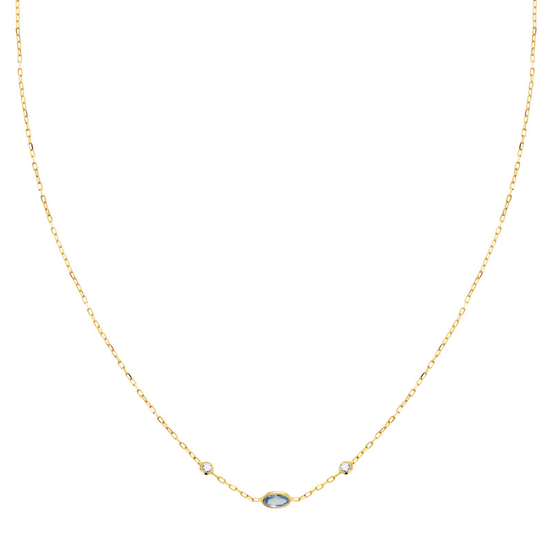 18K GARGANTILLA ORO AMARILLO COLGANTE AGUAMARINA 5X3MM CADENA FORZADA 42CM