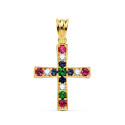 18K CRUZ ORO AMARILLO CON CIRCONITA COLORES REDONDAS. 22 X 19 MM