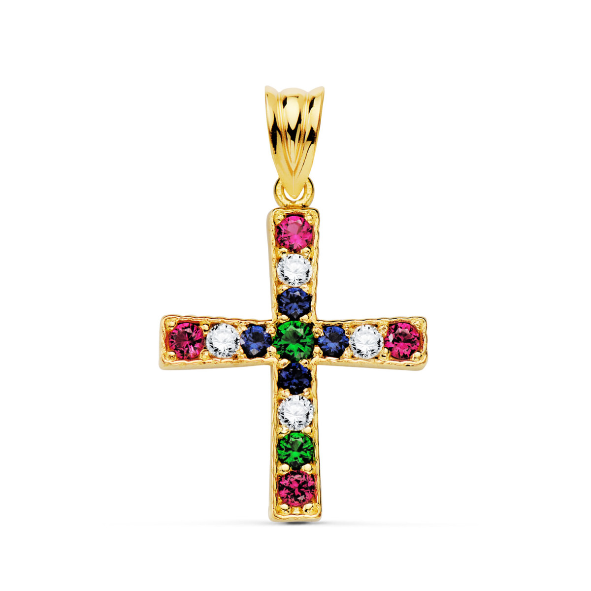 18K CRUZ ORO AMARILLO CON CIRCONITA COLORES REDONDAS. 22 X 19 MM