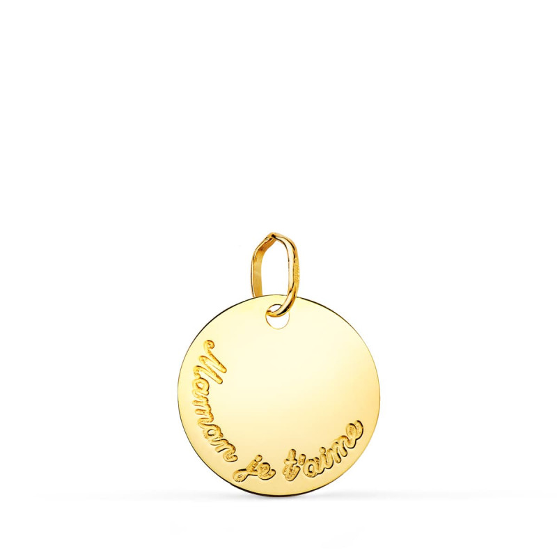 18K COLGANTE DISCO ORO AMARILLO BRILLO 15 MM MAMAN JE TAIME