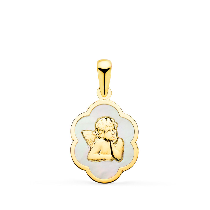 18K COLGANTE ORO AMARILLO NUBE CON ANGEL BURLON Y NACAR BLANCO 15 X 12 MM