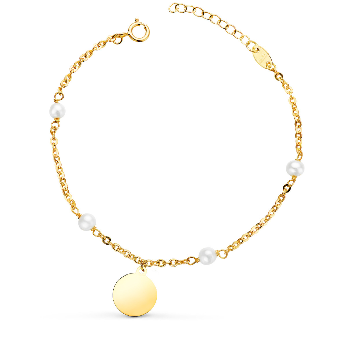 18K PULSERA ORO AMARILLO CON PERLAS 3.5MM Y PLACA CHAPA REDONDA 10MM. LARGO: 15 2CM