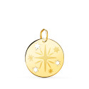 18K COLGANTE AMULETO ORO AMARILLO REDONDO ROSA DE LOS VIENTOS GRABADA EN BRILLO 18 MM