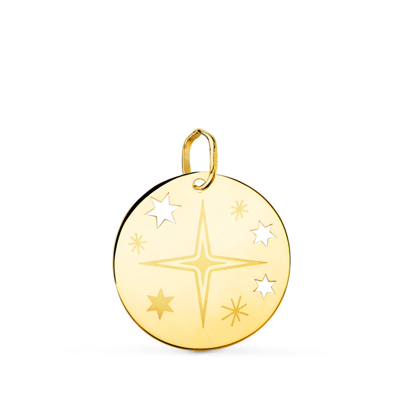 18K COLGANTE AMULETO ORO AMARILLO REDONDO ROSA DE LOS VIENTOS GRABADA EN BRILLO 18 MM