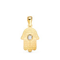 18K COLGANTE AMULETO  ORO AMARILLO MANO DE FATIMA TALLADA CIRCONITA 15 X 9MM