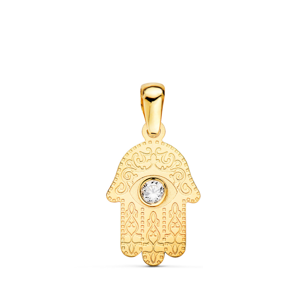 18K COLGANTE AMULETO  ORO AMARILLO MANO DE FATIMA TALLADA CIRCONITA 15 X 9MM
