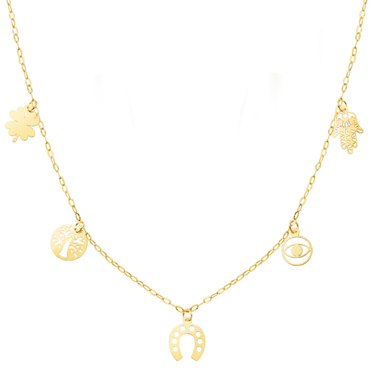 18K GARGANTILLA ORO AMARILLO CON COLGANTES DE LA SUERTE CADENA FORZADA 42   3 CM